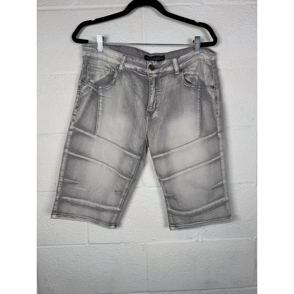 Brooklyn Laundry Gray Moto Denim Shorts Men's 34 Stretch Biker Y2K Streetwear